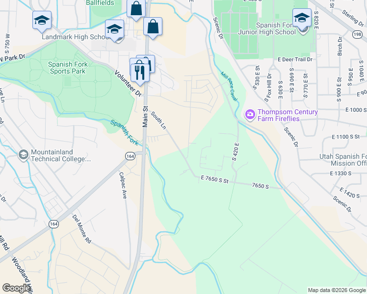 map of restaurants, bars, coffee shops, grocery stores, and more near 7464 South Lane in Spanish Fork
