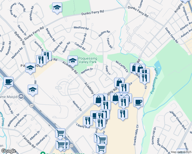map of restaurants, bars, coffee shops, grocery stores, and more near 3658 Canby Drive in Philadelphia