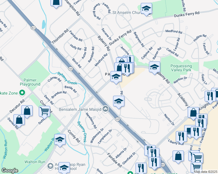 map of restaurants, bars, coffee shops, grocery stores, and more near 12135 Academy Road in Philadelphia