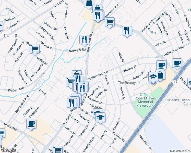 map of restaurants, bars, coffee shops, grocery stores, and more near 9811 Haldeman Avenue in Philadelphia