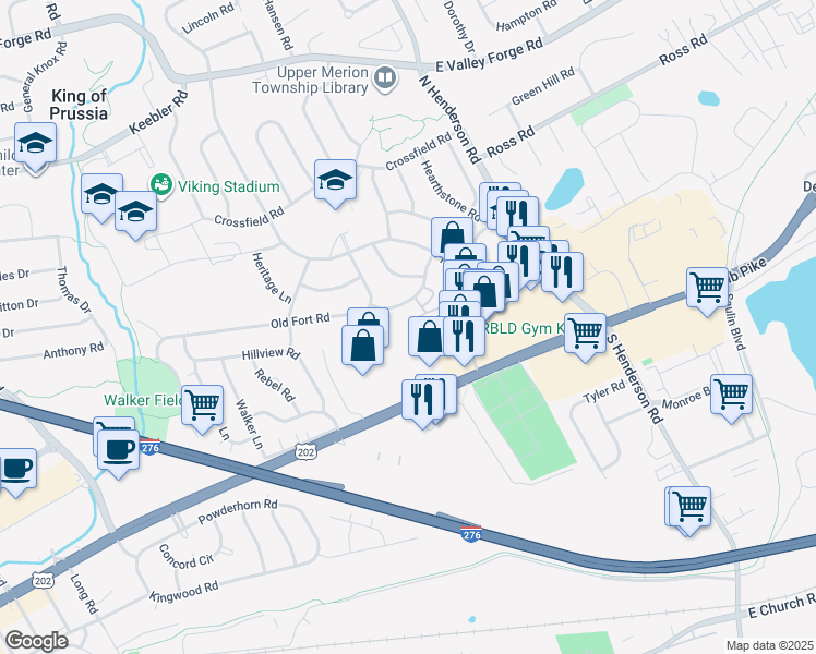 map of restaurants, bars, coffee shops, grocery stores, and more near 249 Independence Road in King of Prussia