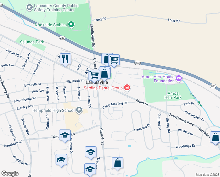 map of restaurants, bars, coffee shops, grocery stores, and more near 359 Main Street in Salunga-Landisville