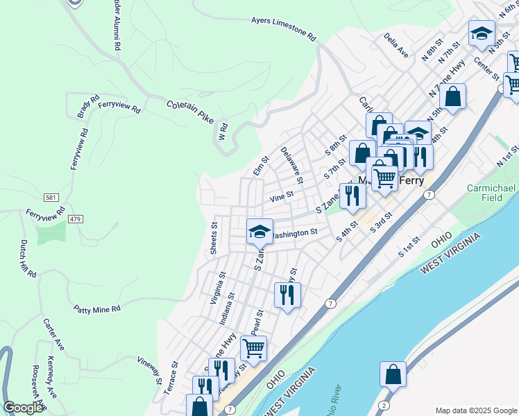 map of restaurants, bars, coffee shops, grocery stores, and more near 714 Elm Street in Martins Ferry