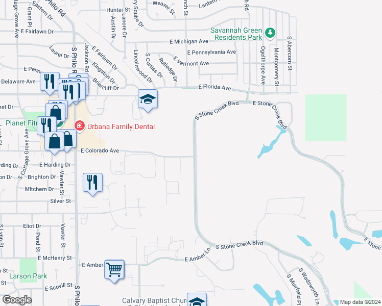 map of restaurants, bars, coffee shops, grocery stores, and more near 1832 South Stone Creek Boulevard in Urbana