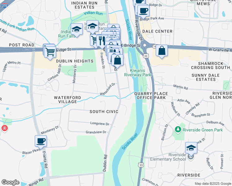 map of restaurants, bars, coffee shops, grocery stores, and more near 6199 Dublin Road in Dublin