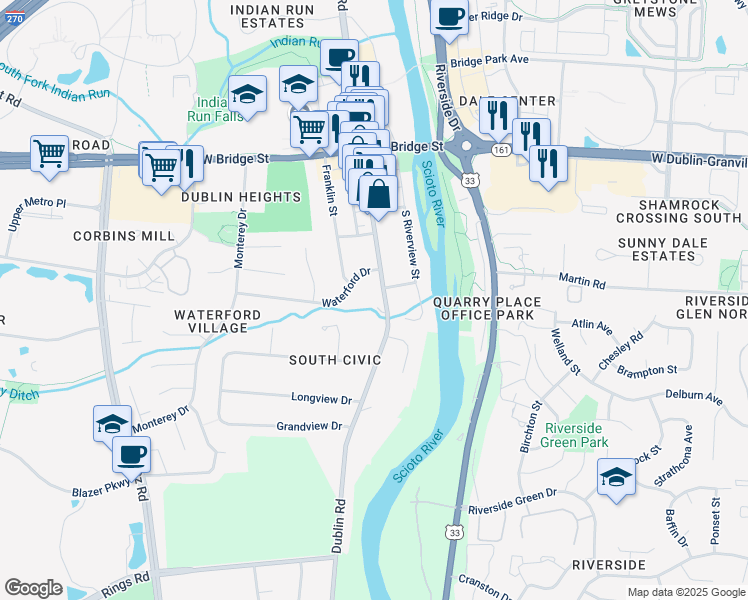 map of restaurants, bars, coffee shops, grocery stores, and more near 6199 Dublin Road in Dublin