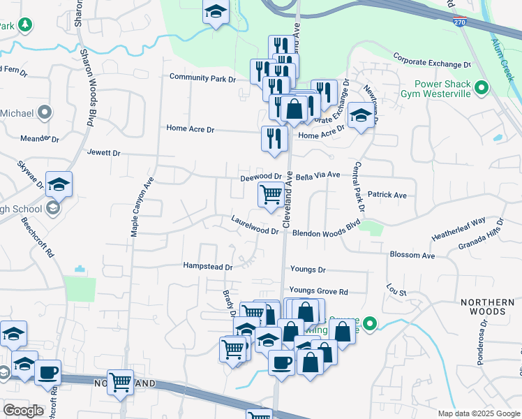 map of restaurants, bars, coffee shops, grocery stores, and more near 6162 Laurelwood Court in Columbus