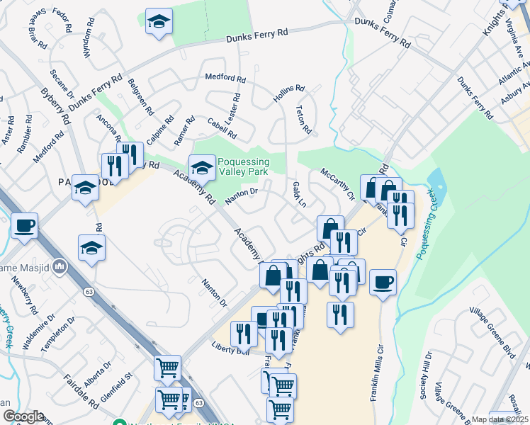map of restaurants, bars, coffee shops, grocery stores, and more near 3656 Canby Drive in Philadelphia