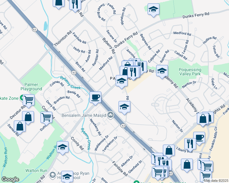 map of restaurants, bars, coffee shops, grocery stores, and more near 12135 Academy Road in Philadelphia