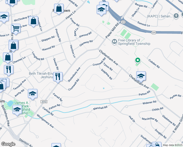 map of restaurants, bars, coffee shops, grocery stores, and more near 8791 Duveen Drive in Wyndmoor