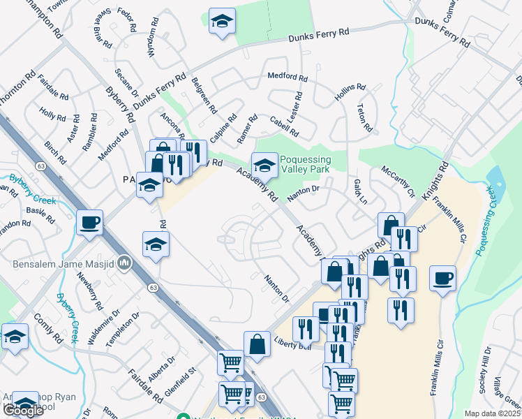 map of restaurants, bars, coffee shops, grocery stores, and more near 3628 Bellaire Place in Philadelphia