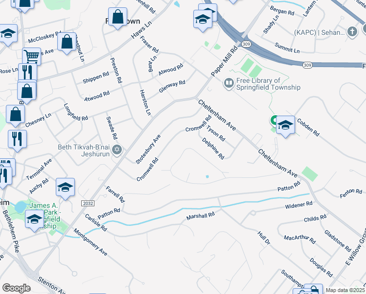 map of restaurants, bars, coffee shops, grocery stores, and more near 8791 Duveen Drive in Wyndmoor