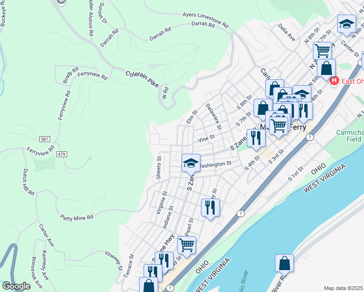 map of restaurants, bars, coffee shops, grocery stores, and more near 406 West Vine Street in Martins Ferry