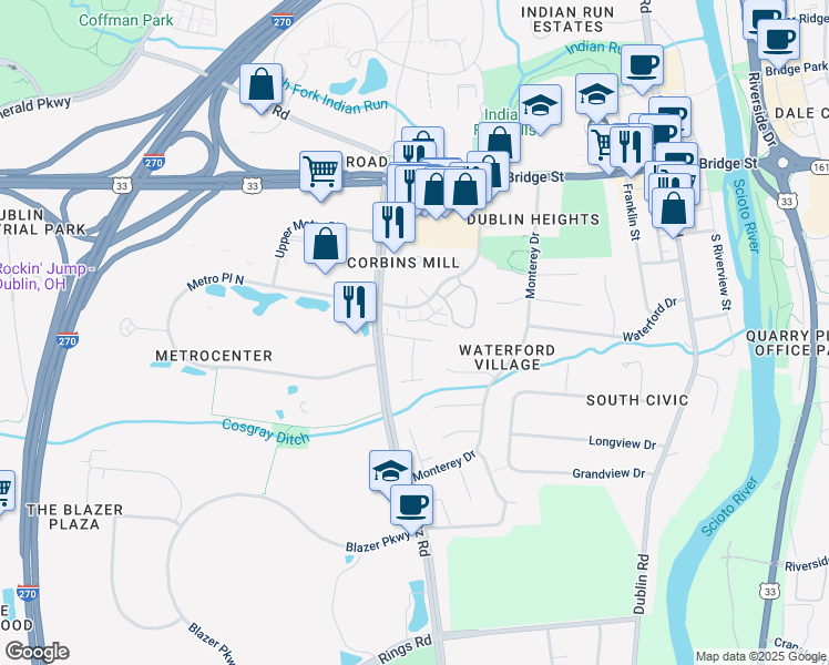 map of restaurants, bars, coffee shops, grocery stores, and more near 196 Corbins Mill Drive in Dublin