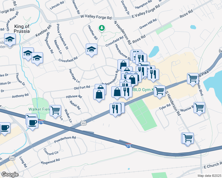 map of restaurants, bars, coffee shops, grocery stores, and more near 249 Independence Road in King of Prussia