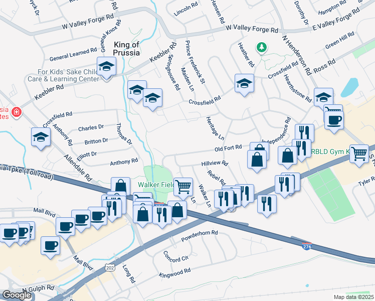 map of restaurants, bars, coffee shops, grocery stores, and more near 458 Old Fort Road in King of Prussia