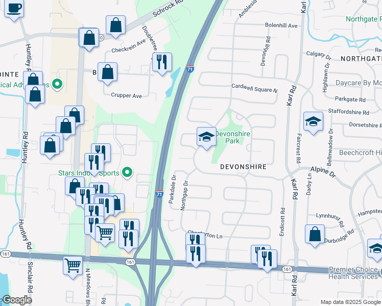 map of restaurants, bars, coffee shops, grocery stores, and more near 1205 Drysdale Square South in Columbus