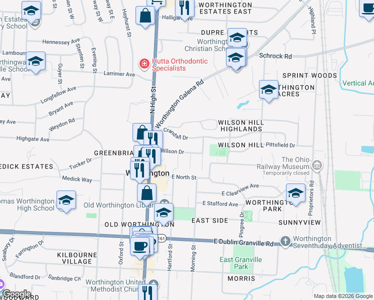 map of restaurants, bars, coffee shops, grocery stores, and more near 147 Crandall Drive in Worthington