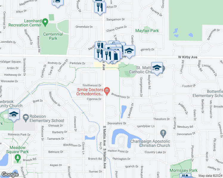 map of restaurants, bars, coffee shops, grocery stores, and more near 1802 South Mattis Avenue in Champaign