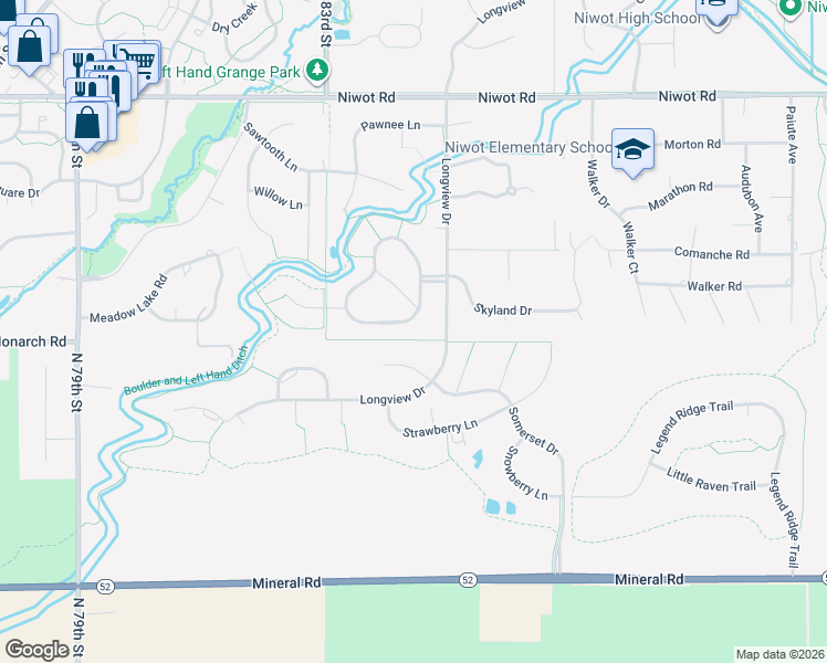 map of restaurants, bars, coffee shops, grocery stores, and more near 8374 Greenwood Drive in Longmont
