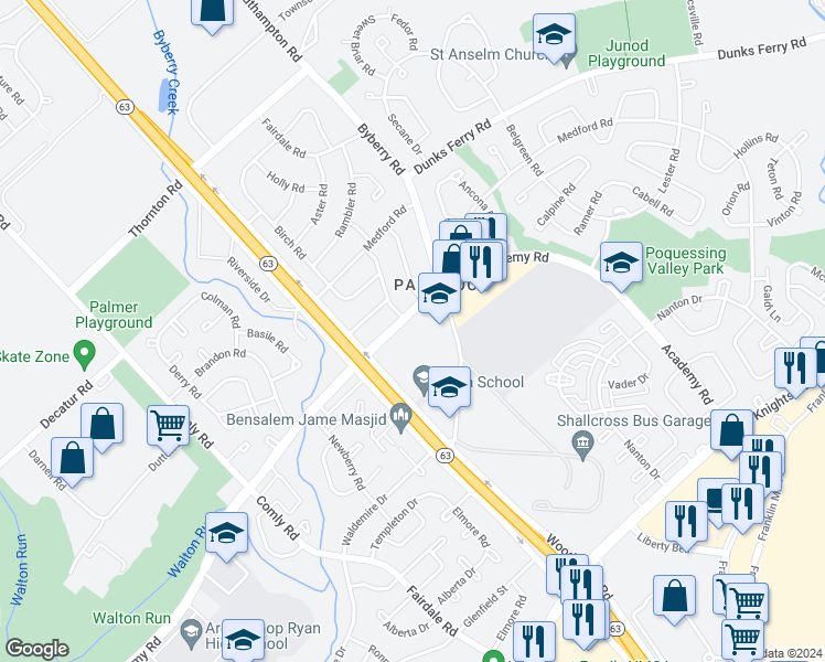 map of restaurants, bars, coffee shops, grocery stores, and more near 12135 Academy Road in Philadelphia
