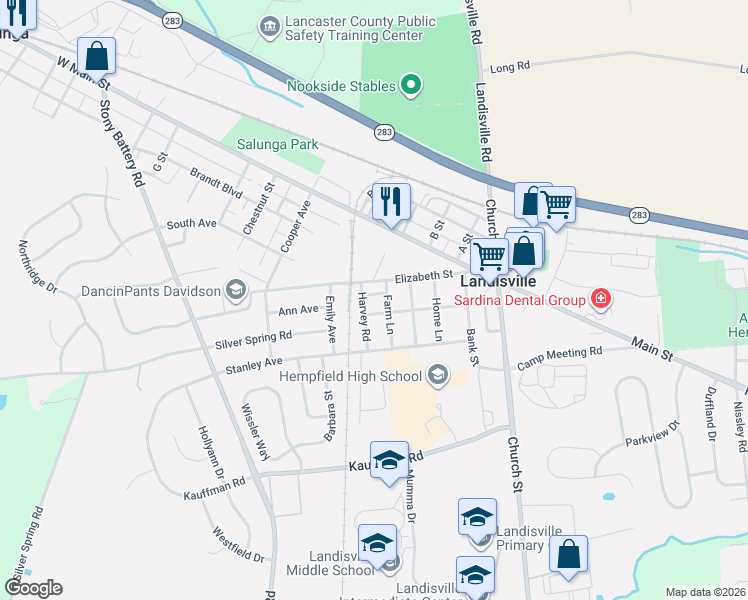 map of restaurants, bars, coffee shops, grocery stores, and more near 195 East Avenue in Salunga-Landisville
