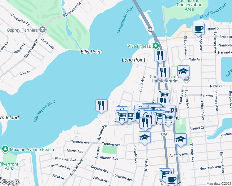 map of restaurants, bars, coffee shops, grocery stores, and more near 307-1/2 Lincoln Avenue in Point Pleasant Beach