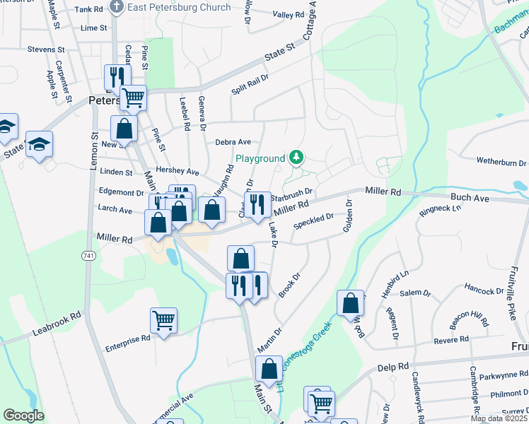 map of restaurants, bars, coffee shops, grocery stores, and more near 5780 Wild Lilac Drive in East Petersburg
