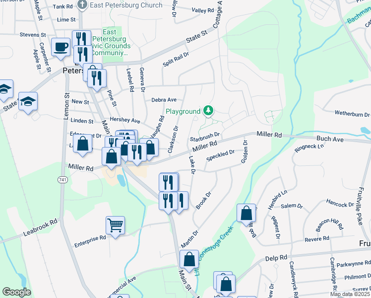 map of restaurants, bars, coffee shops, grocery stores, and more near 5780 Wild Lilac Drive in East Petersburg