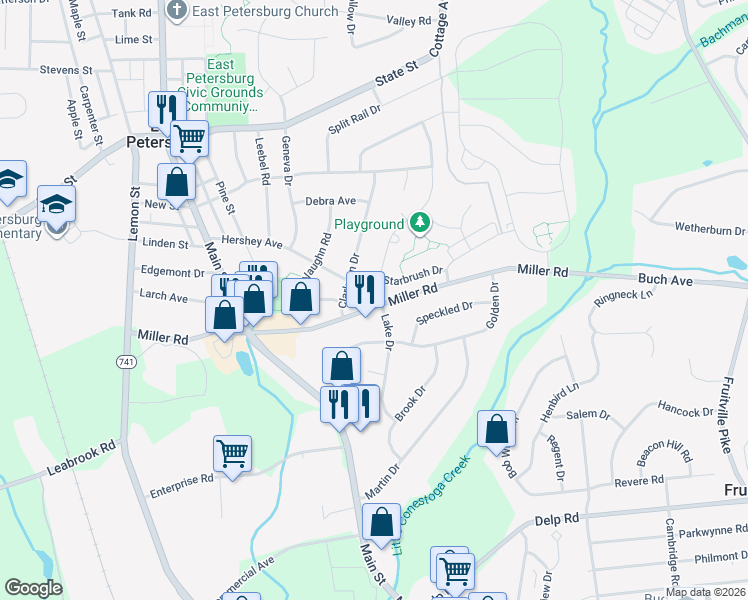 map of restaurants, bars, coffee shops, grocery stores, and more near 5784 Wild Lilac Drive in East Petersburg