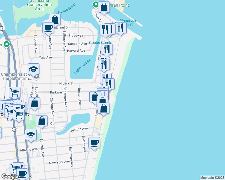 map of restaurants, bars, coffee shops, grocery stores, and more near 250 Boardwalk in Point Pleasant Beach