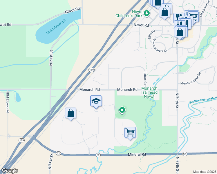 map of restaurants, bars, coffee shops, grocery stores, and more near 7485 Citation Lane in Longmont