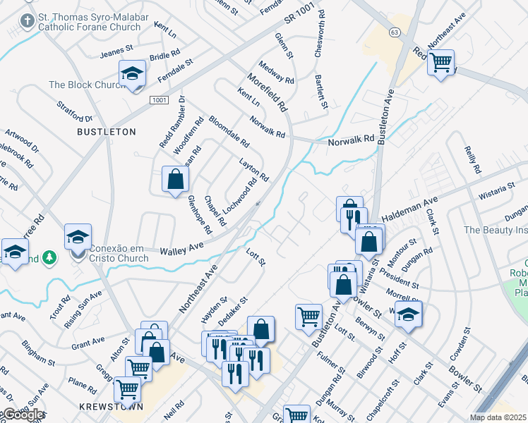 map of restaurants, bars, coffee shops, grocery stores, and more near 9739 Krewstown Road in Philadelphia