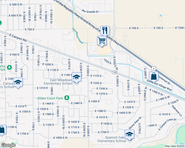 map of restaurants, bars, coffee shops, grocery stores, and more near 2333 East 1170 South in Spanish Fork