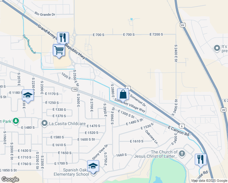 map of restaurants, bars, coffee shops, grocery stores, and more near 1155 South 2880 East in Spanish Fork