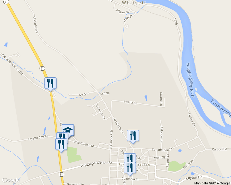 map of restaurants, bars, coffee shops, grocery stores, and more near 111 Swartz Lane in Perryopolis