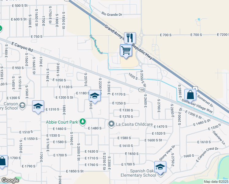map of restaurants, bars, coffee shops, grocery stores, and more near 2333 East 1170 South in Spanish Fork