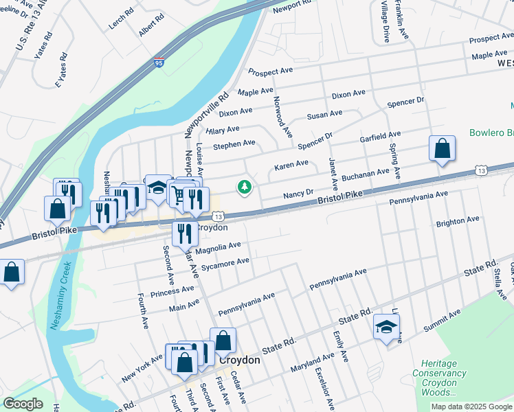 map of restaurants, bars, coffee shops, grocery stores, and more near 101 Dorset Avenue in Croydon
