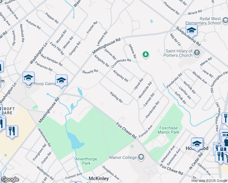 map of restaurants, bars, coffee shops, grocery stores, and more near 1048 Beverly Road in Rydal