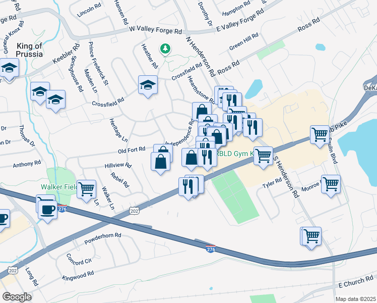 map of restaurants, bars, coffee shops, grocery stores, and more near 250 Tanglewood Lane in King of Prussia