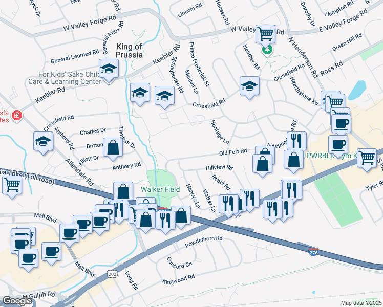map of restaurants, bars, coffee shops, grocery stores, and more near 458 Old Fort Road in King of Prussia