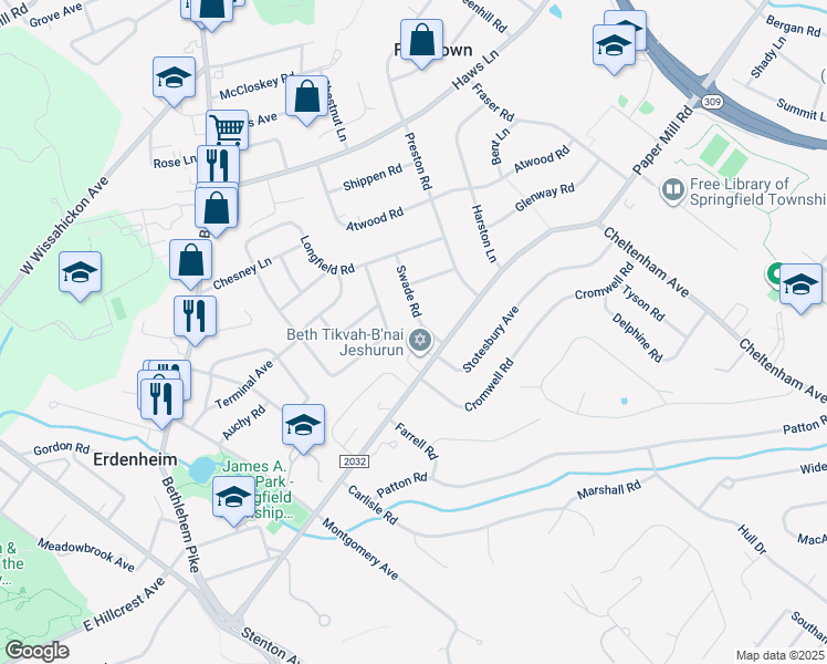 map of restaurants, bars, coffee shops, grocery stores, and more near 705 Swade Road in Erdenheim