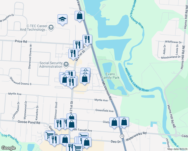 map of restaurants, bars, coffee shops, grocery stores, and more near 1377 Hillview Circle West in Newark