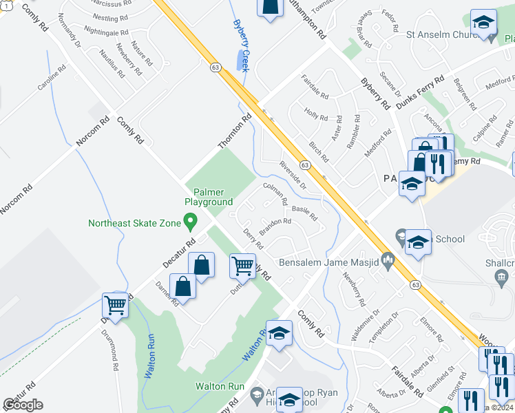 map of restaurants, bars, coffee shops, grocery stores, and more near 11727 Colman Place in Philadelphia