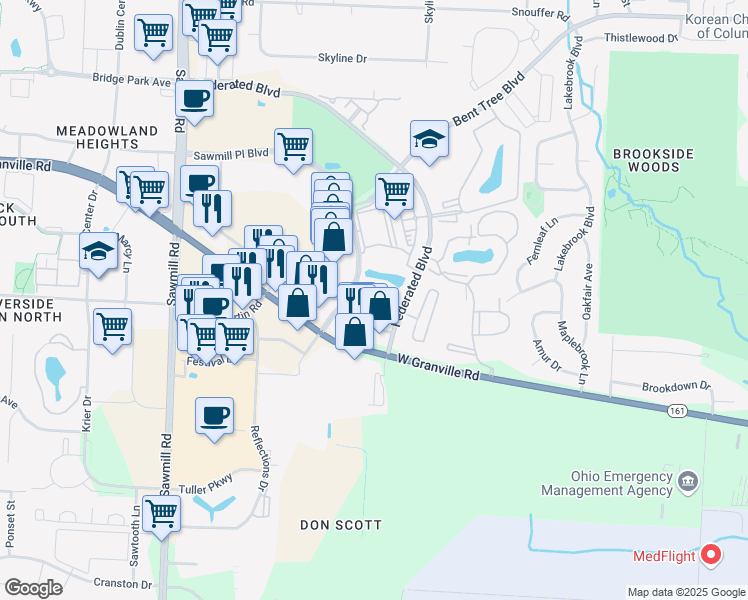 map of restaurants, bars, coffee shops, grocery stores, and more near 3500 Trillium Crossing in Columbus
