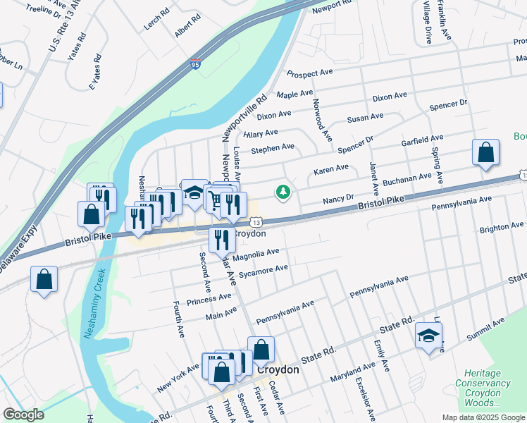 map of restaurants, bars, coffee shops, grocery stores, and more near 909 Bristol Pike in Croydon