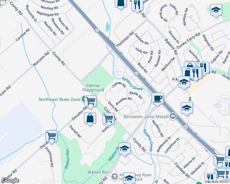 map of restaurants, bars, coffee shops, grocery stores, and more near 11727 Colman Place in Philadelphia