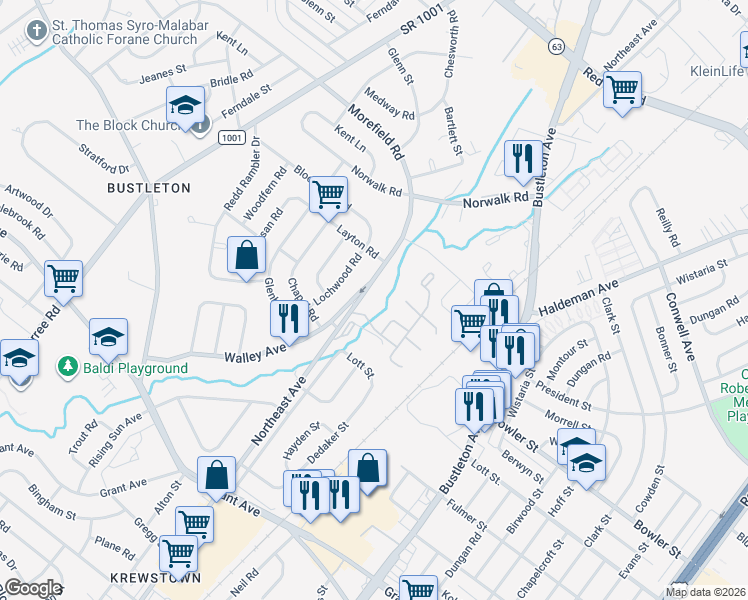 map of restaurants, bars, coffee shops, grocery stores, and more near 9743 Krewstown Road in Philadelphia