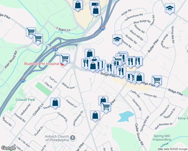 map of restaurants, bars, coffee shops, grocery stores, and more near in Plymouth Meeting