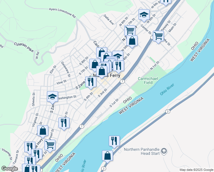 map of restaurants, bars, coffee shops, grocery stores, and more near 302 Walnut Street in Martins Ferry